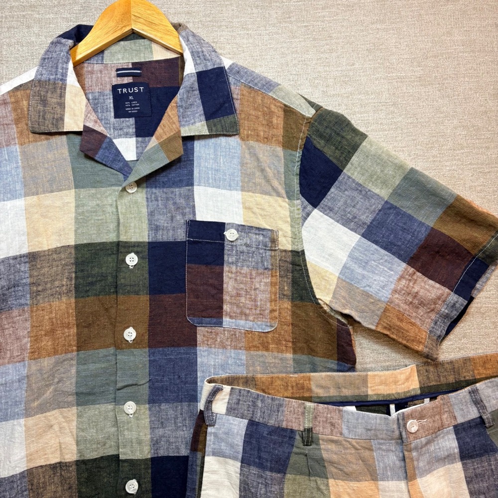 TRUST Linen Shirt & Shorts Set Men XL/40 Summer Plaid Check Casual Suit Camp